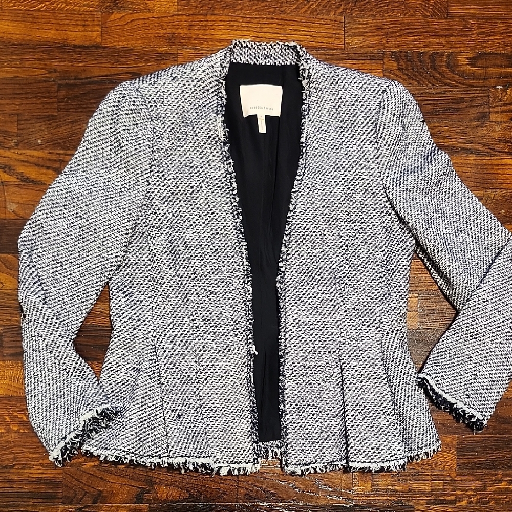 Rebecca Taylor Lurex Tweed Peplum Black and White Blazer Pleated Waist Raw Hem
